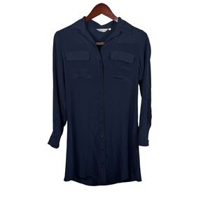 Anthropologie TYLHO Long Sleeve SILK Mini Shirt Dress Blue Career Womens Sz Sm‎